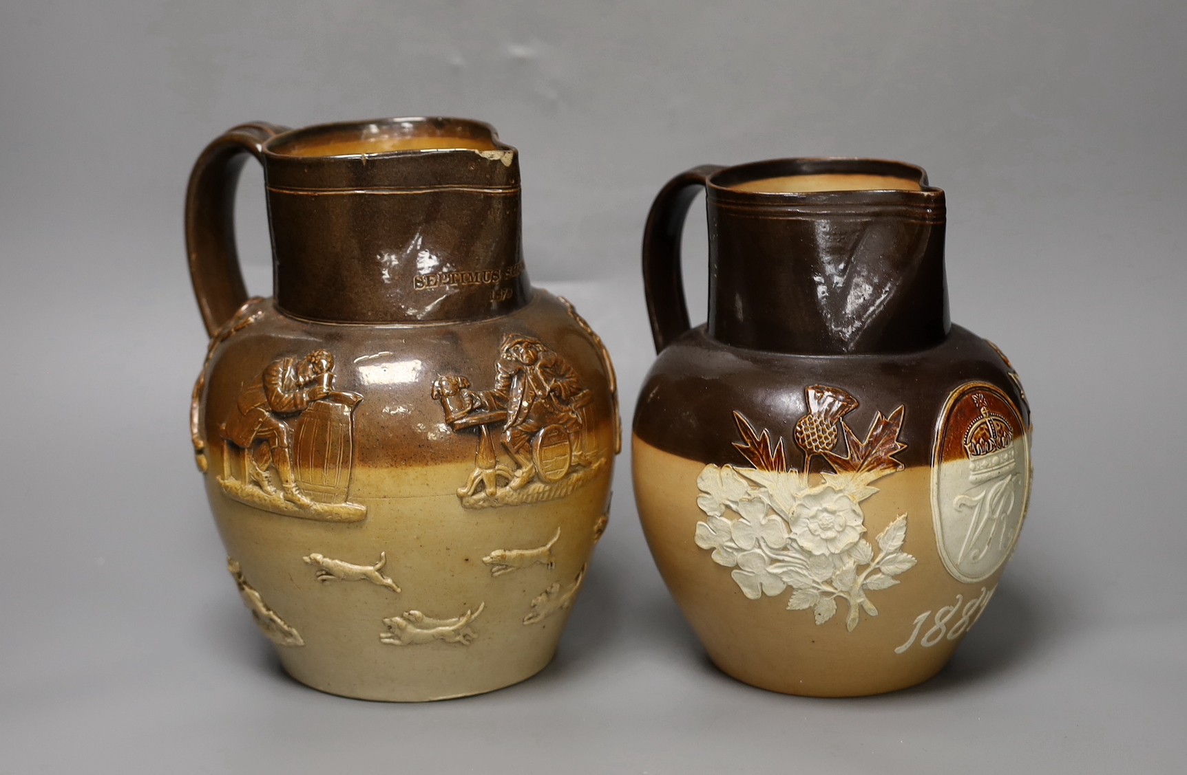 A Doulton Lambeth for John Mortlock & Co. commemorative stoneware jug and another stoneware jug impressed ‘Septimus Shearmur 1878’, tallest 22cm